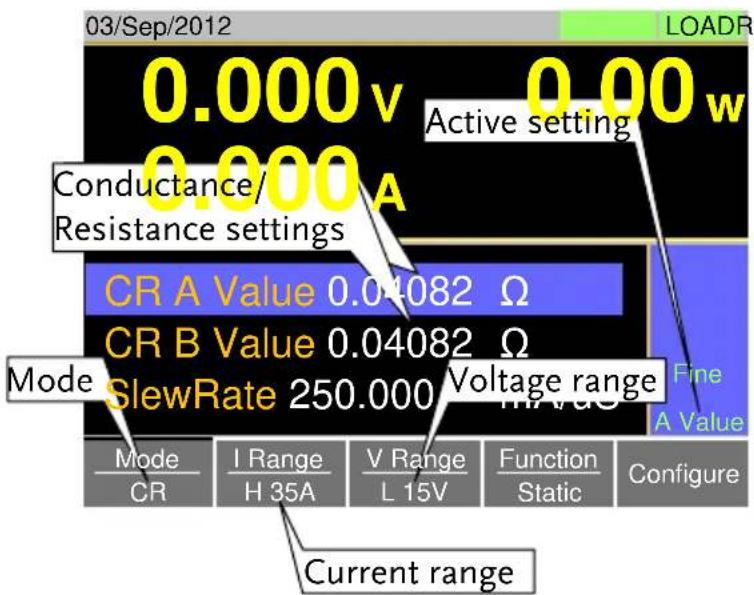 03/Sep/2012 0.000v 0.00w Active setting Conductance/A Resistance settings CR A Value 0.04082 Ω CR B Value 0.04082 Ω Mode SlewRate 250.000 V Voltage range Fine A Value Mode I Range V Range Function Configure CR H 35A L 15V Static Configure Current range