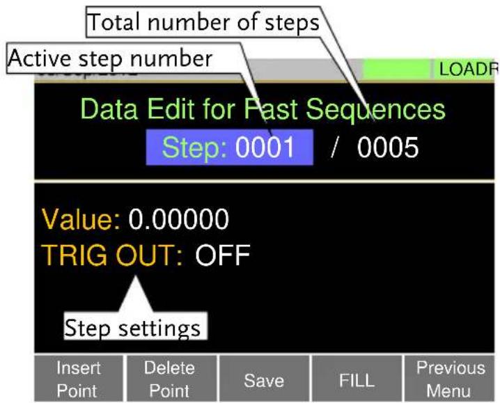 Total number of steps Active step number Data Edit for Past Sequences Step: 0001 / 0005 Value: 0.00000 TRIG OUT: OFF Step settings Insert Point Delete Point Save FILL Previous Menu