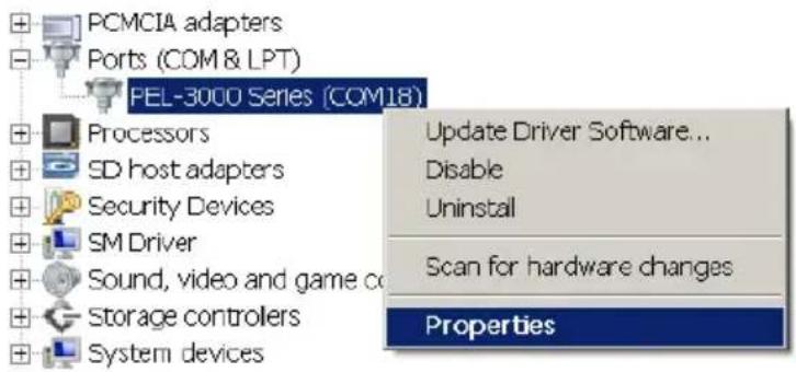 PCMCIA adapters Ports (COM & LPT) PEL-3000 Series (COM18) Processors SD host adapters Security Devices SM Driver Sound, video and game co Storage controllers System devices Update Driver Software... Disable Uninstall Scan for hardware changes Properties