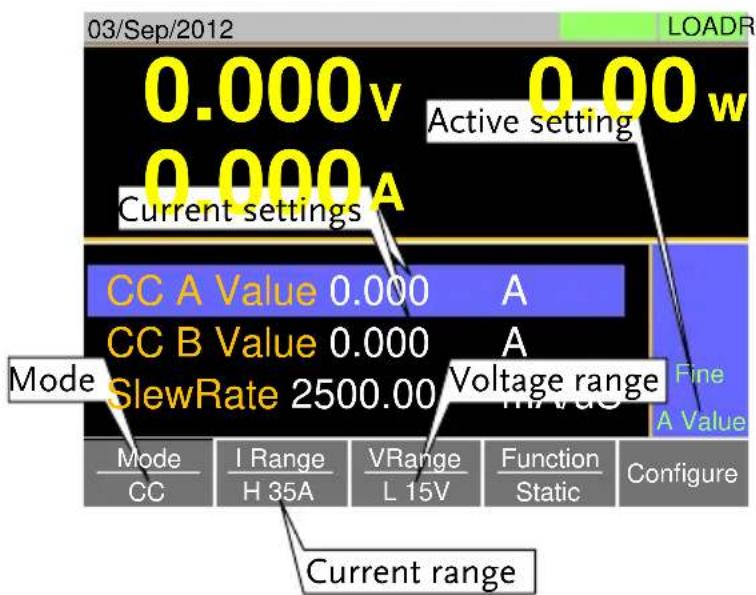 03/Sep/2012 0.000v 0.00w Active setting 0.000A Current settings A CC A Value 0.000 A CC B Value 0.000 A Mode SlewRate 2500.00 V Voltage range Fine A Value Mode I Range VRange Function Configure CC H 35A L 15V Static Static Current range