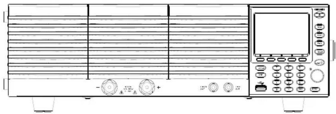 Technical line drawing of an electronic device with labeled ports, buttons, and a control panel
