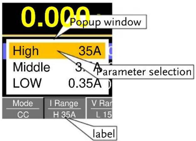 0.000 Popup window High 35A Middle 3 A LOW 0.35A Parameter selection Mode I Range V Ran CC H 35A L 15 label