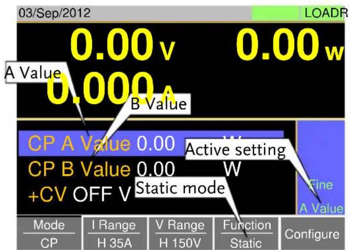 03/Sep/2012 0.00 v 0.00 w A Value 0.000 A B Value CP A Value 0.00 W Active setting CP B Value 0.00 W +CV OFF V Static mode Fine A Value Mode I Range V Range Function Configure CP H 35A H 150V Static Configure