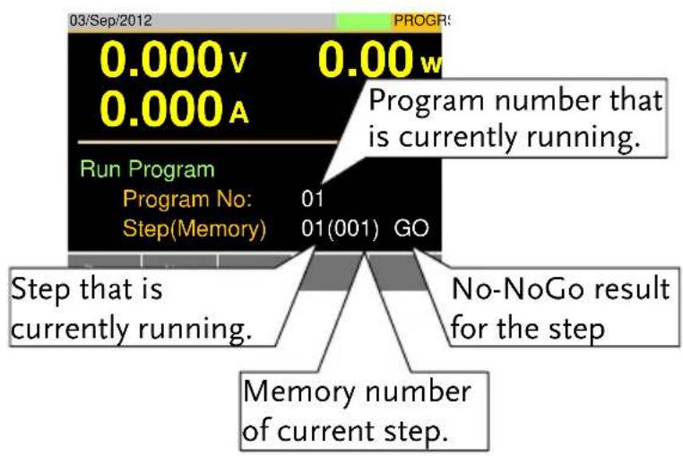03/Sep/2012 0.000v 0.00w 0.000A Program number that is currently running. Run Program Program No: 01 Step(Memory) 01(001) GO Step that is currently running. No-NoGo result for the step Memory number of current step.