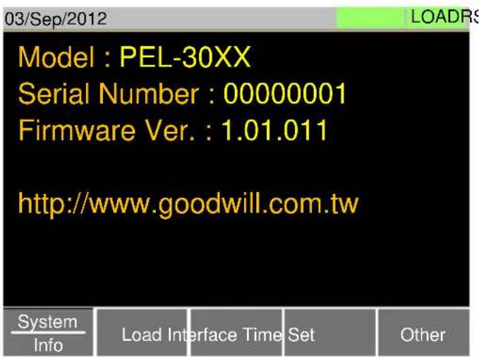 03/Sep/2012 Model : PEL-30XX Serial Number : 00000001 Firmware Ver. : 1.01.011 http://www.goodwill.com.tw System Info Load Interface Time Set Other