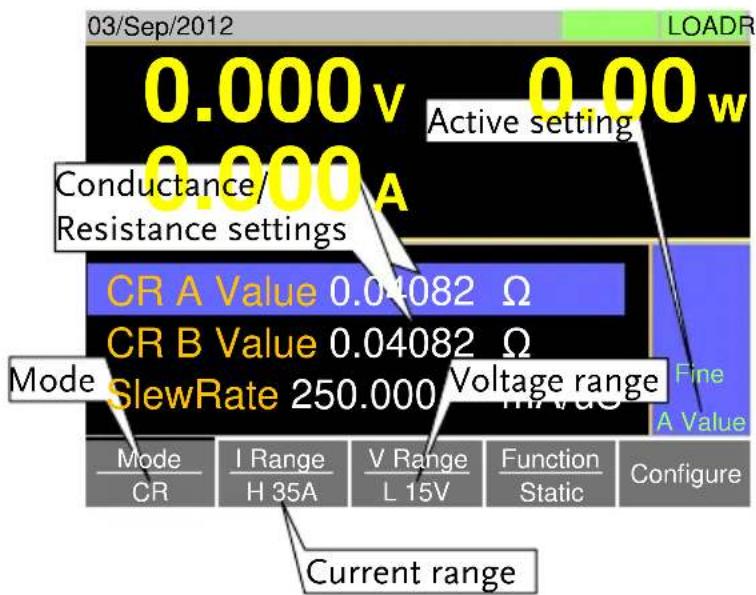 03/Sep/2012 0.000v 0.00w Active setting Conductance/A Resistance settings CR A Value 0.04082 Ω CR B Value 0.04082 Ω Mode SlewRate 250.000 Voltage range Fine A Value Mode I Range V Range Function Configure CR H 35A L 15V Static Configure Current range