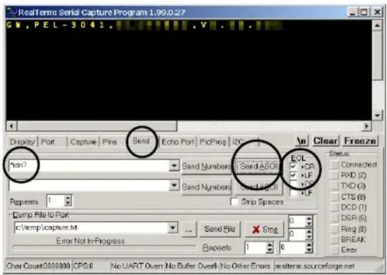 RealTerm: Serial Capture Program 1.99.0.27 GM.PEL-3041.V.V. Display Port Capture Pins Send Echo Port PicProg I2C Pick? Send Numbers: Send ASCII Send Numbers: Send ASCII EOL CR LF LF Pepeats 1 Strip Spaces Status Connected RXD (2) TXD (9) CTS (8) DCD (1) DSR (6) Ring (8) BREAK Error Dump File to Port c:\temp\capture.bit Send File Stop 0 0 0 0 0 0 0 0 0 0 0 0 0 0 0 0 0 0 0 0 0 0 0 0 0 0 0 0 0 0 0 0 0 0 0 0 0 0 0 0 0 0 0 0 0 0 0 0 0 0 Char Count:000000 CPS.6 No UART Over No Buffer OverNo No Other Errors realterm.sourceforge.net