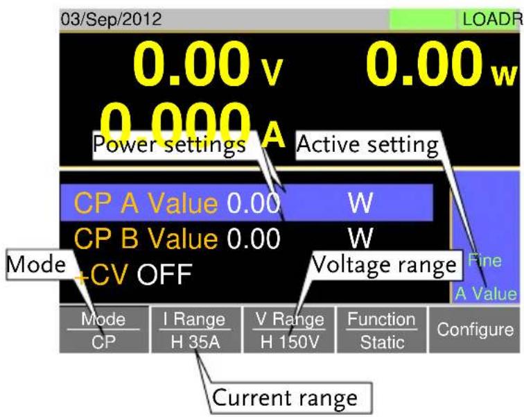 03/Sep/2012 0.00 v 0.00 w 0.000 A Power settings A Active setting CP A Value 0.00 W CP B Value 0.00 W Mode +CV OFF Voltage range Fine A Value Mode CP I Range H 35A V Range H 150V Function Static Configure Current range