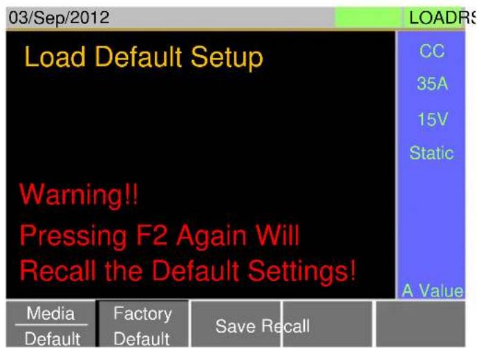 03/Sep/2012 Load Default Setup Warning!! Pressing F2 Again Will Recall the Default Settings! Media Default Factory Default Save Recall LOADRS CC 35A 15V Static A Value
