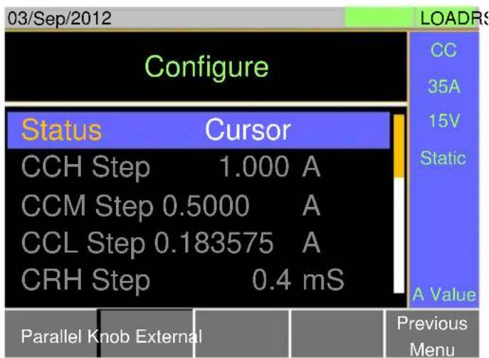 03/Sep/2012 Configure Status Cursor CCH Step 1.000 A CCM Step 0.5000 A CCL Step 0.183575 A CRH Step 0.4 mS LoadRS CC 35A 15V Static A Value Parallel Knob External Previous Menu