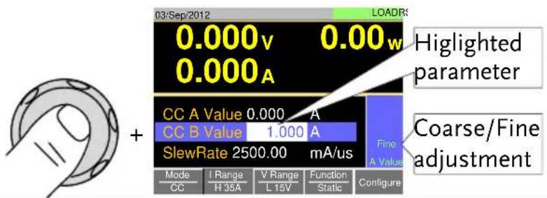 03/Sep/2012 0.000v 0.00w 0.000A CC A Value 0.000 A CC B Value 1.000 A SlewRate 2500.00 mA/us Mode I Range V Range Function Configure CC H 35A L 15V Static Configure Highlighted parameter Fine A Value Coarse/Fine adjustment