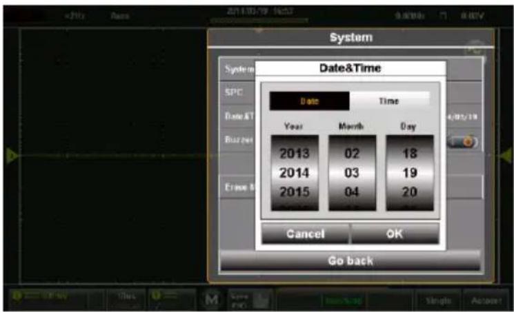 System Date&Time Date Time Year Month Day 2013 02 18 2014 03 19 2015 04 20 Cancel OK Go back