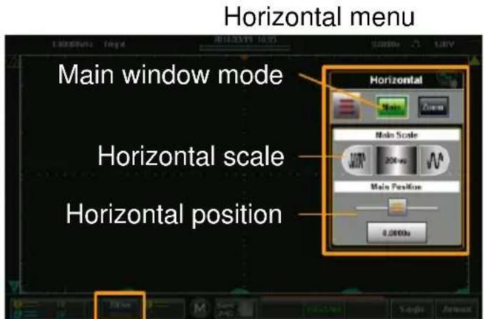 Horizontal menu Main window mode Horizontal scale Horizontal position Horizontal Horizontal Main Scale 200 hp Main Position 0.0000s