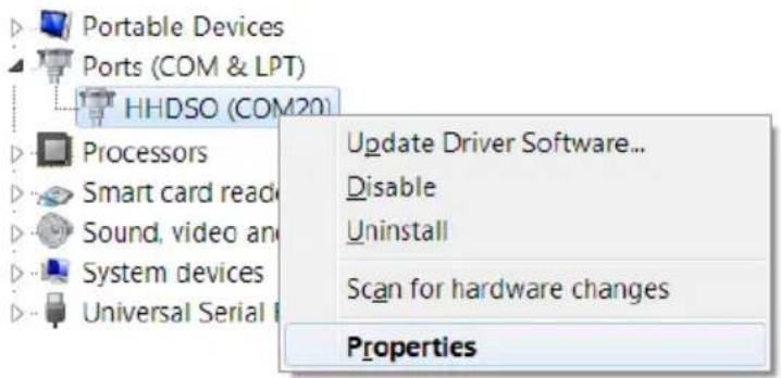 Portable Devices Ports (COM & LPT) HHDSO (COM20) Processors Smart card read Sound, video and System devices Universal Serial Update Driver Software... Disable Uninstall Scan for hardware changes Properties