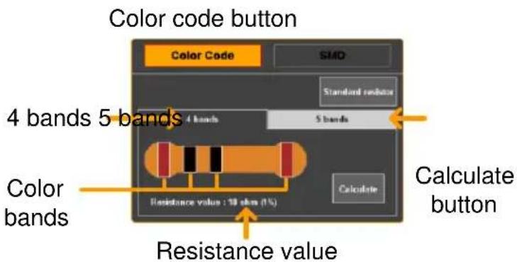 Color code button Color Code SMD Standard redoxer 4 bands 5 bands 4 bands 5 bands Color bands Calculate button Resistance value : 10 ohms (1%) Calculate