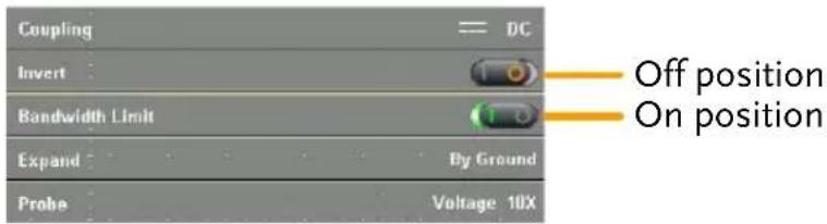 Coupling DC Invert Bandwidth Limit Expand By Ground Probe Voltage 10X Off position On position