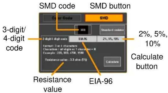 SMD code Color Code SMD 3-digit/ 4-digit code SR1 Standard cndnur 3-digit/4-digit code EIA/96 2%, 5%, 10% Format : 3 or 4 characters Characters : all digits or 1 character = R Example : 220, 383, 4700, 1580 Resistance value : 3.3 ohm (5%) Calculate button Calculate button Resistance value EIA-96