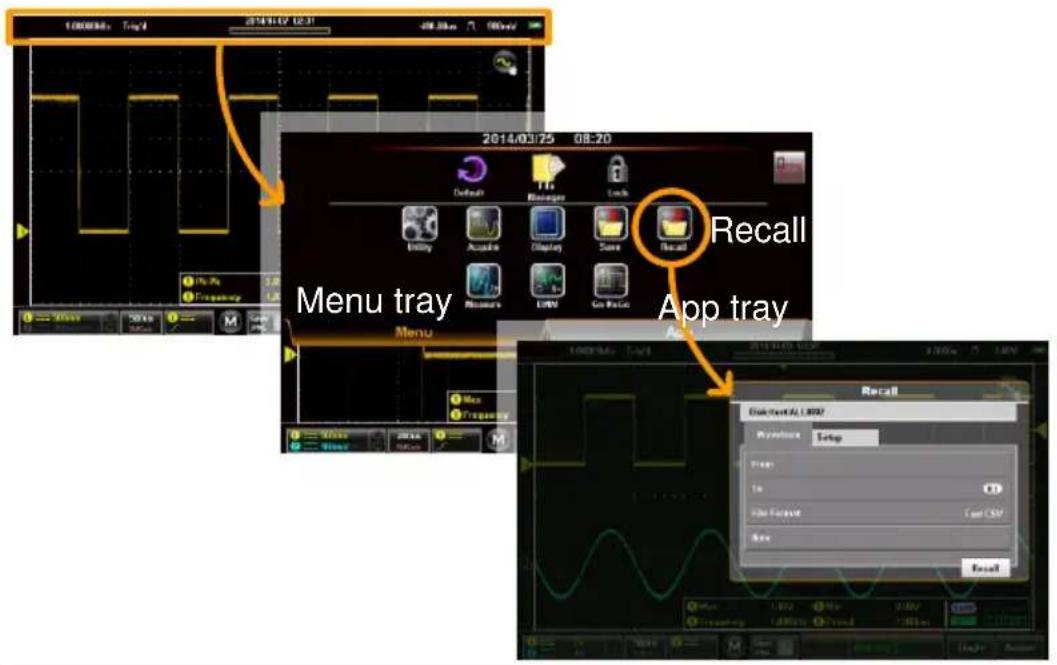 100MHz Tay'd 2014/07/25 08:20 2014/03/25 08:20 Default Messages Lock Entry Acable Display Save Recall Menu tray App tray Menu Recall End Recent AL 1.0007 Products Setup From To File Format Load CSM Apply OK Cancel
