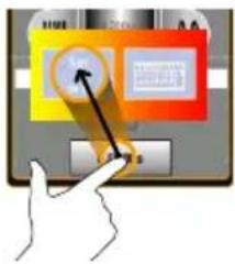 Diagram showing a hand pressing a button labeled 'S###' with an arrow pointing to it, next to a device panel with text and symbols.