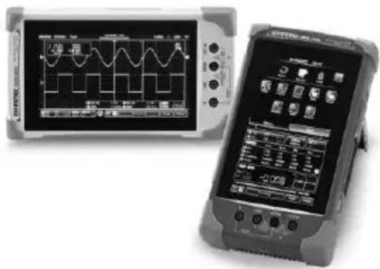 Two oscilloscope display cases: one showing waveform graphs and the other a digital display with function buttons and control buttons.