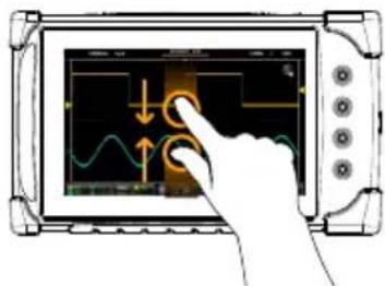 Diagram showing a hand interacting with a digital display showing waveform graphs and directional arrows, likely illustrating a signal or control system.