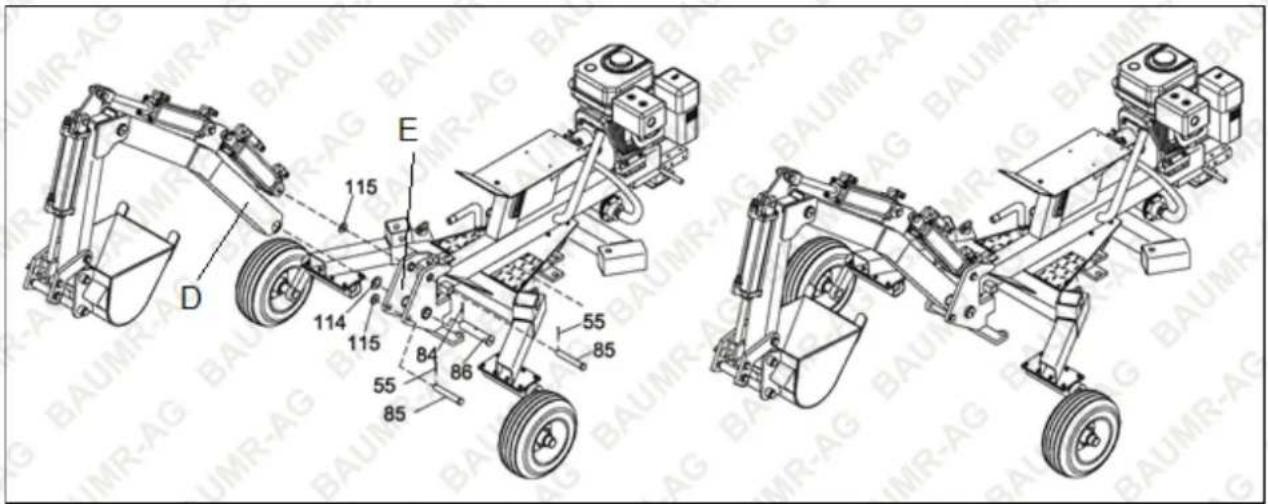 Technical diagram of two agricultural machinery components with labeled parts and assembly details