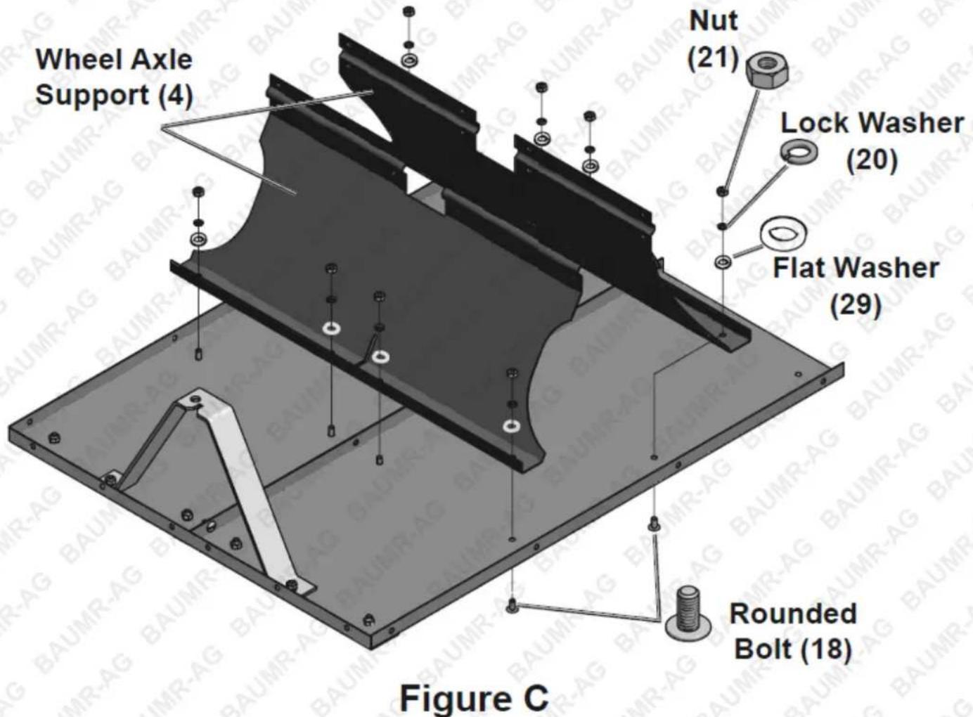 Wheel Axle Support (4) Nut (21) Lock Washer (20) Flat Washer (29) Rounded Bolt (18) Figure C