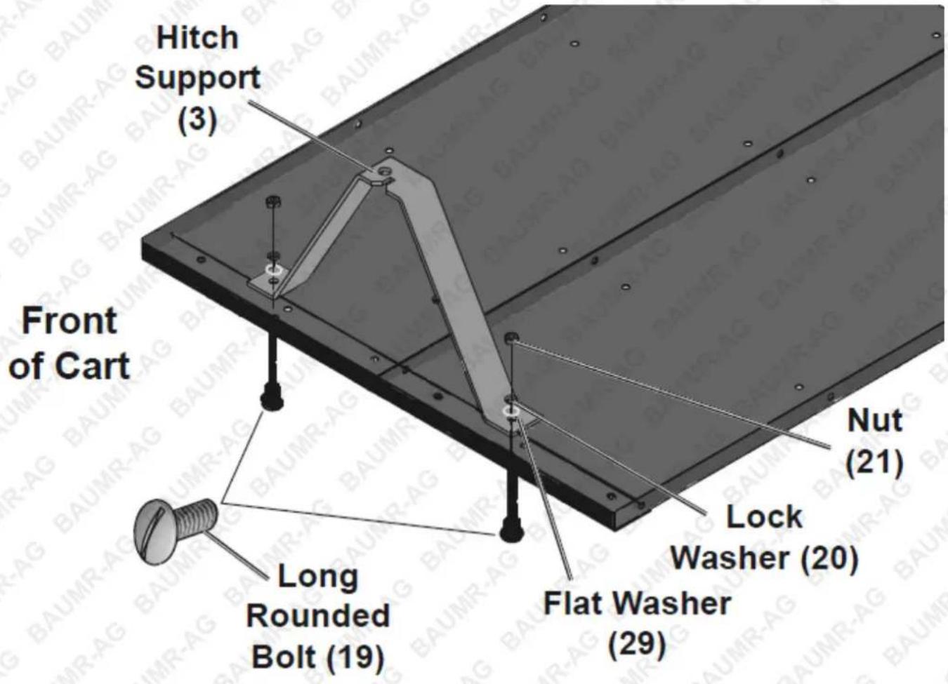 Hitch Support (3) Front of Cart Nut (21) Long Rounded Bolt (19) Lock Washer (20) Flat Washer (29)