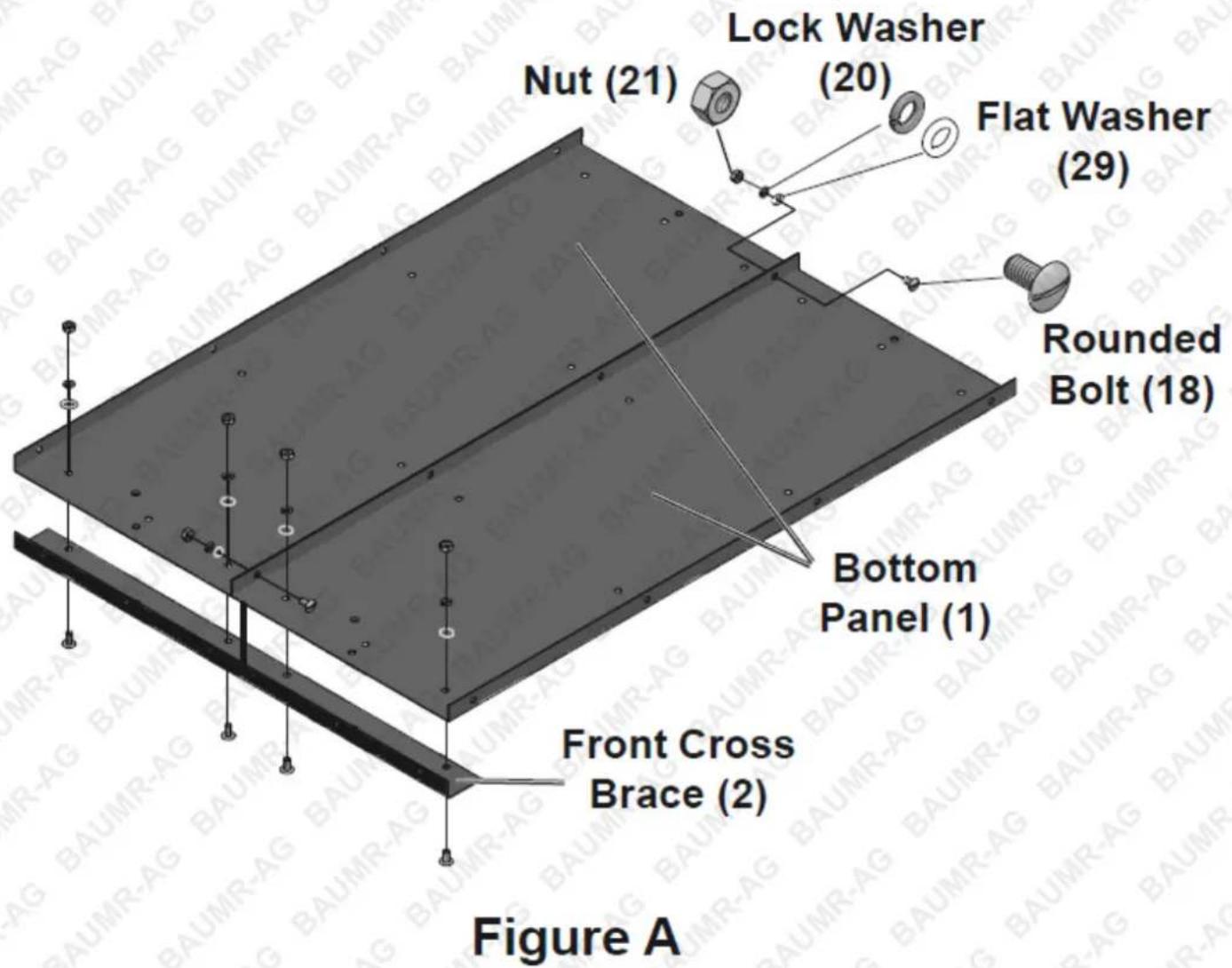 Nut (21) Lock Washer (20) Flat Washer (29) Rounded Bolt (18) Bottom Panel (1) Front Cross Brace (2) Figure A
