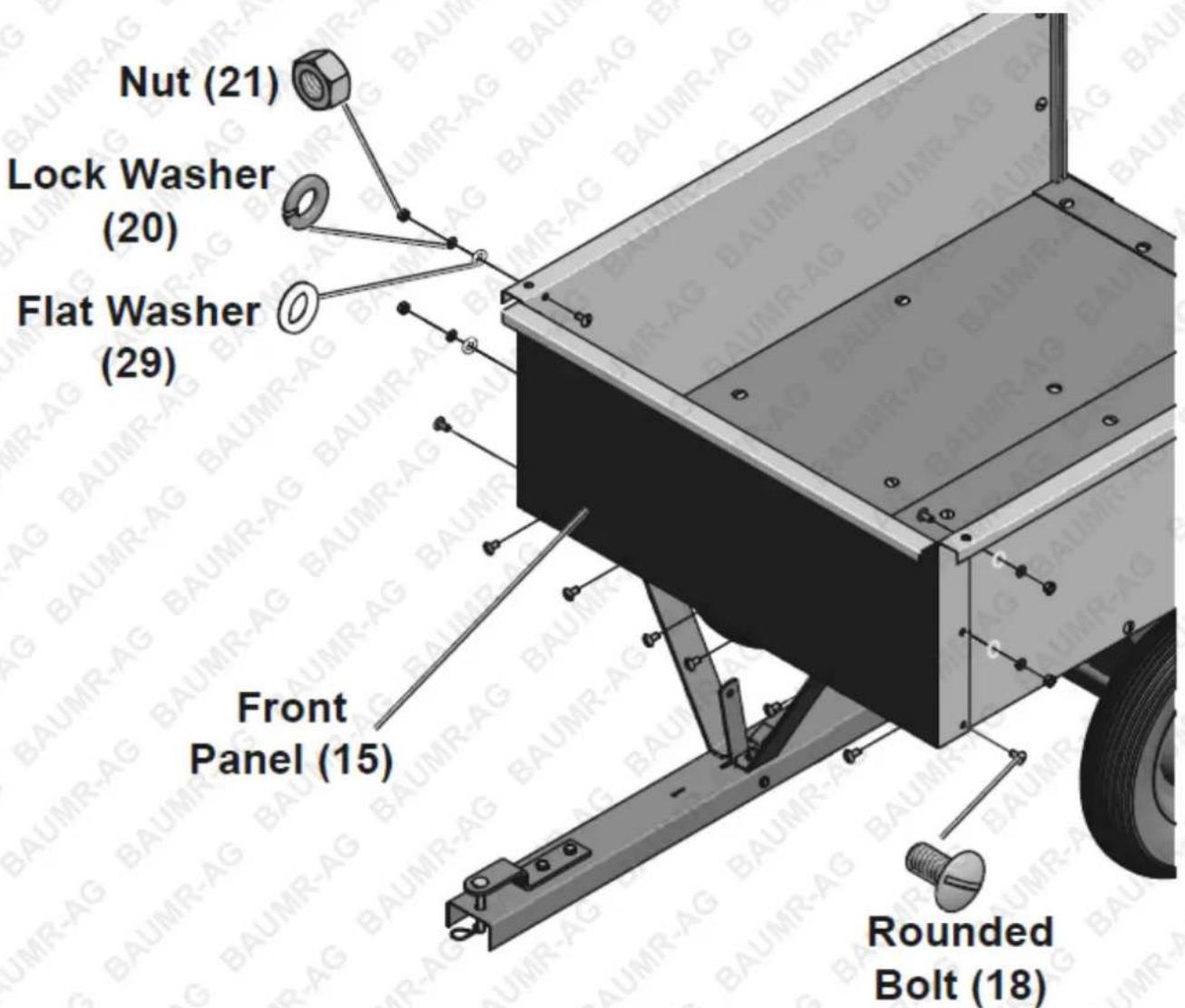 Nut (21) Lock Washer (20) Flat Washer (29) Front Panel (15) Rounded Bolt (18)