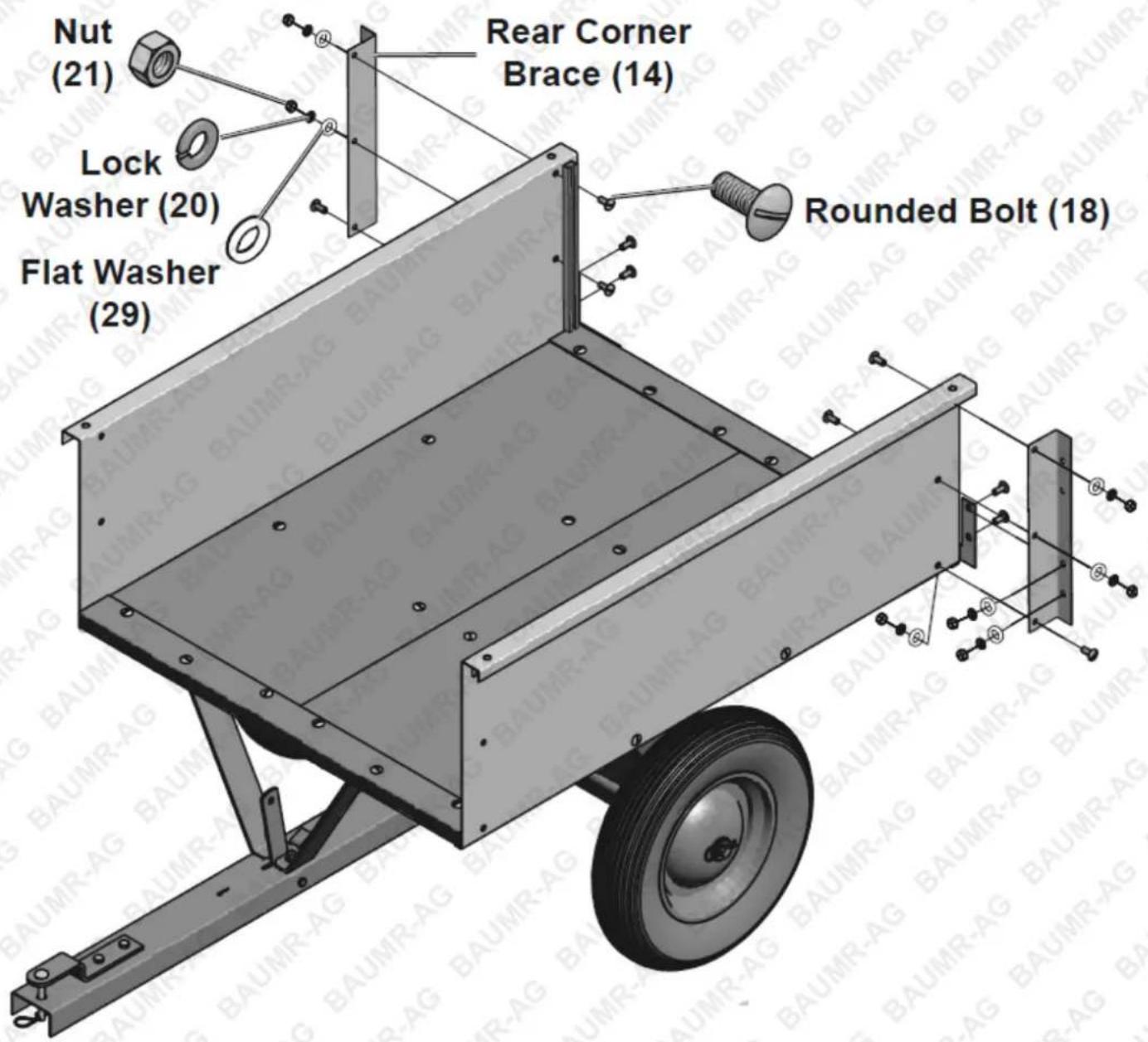 Nut (21) Lock Washer (20) Flat Washer (29) Rear Corner Brace (14) Rounded Bolt (18)