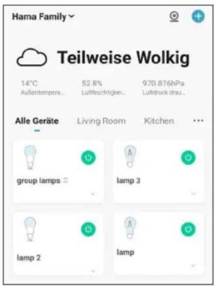 Hama Family Teilweise Wolkig 14°C Außentempera... 52.8% Luftfeuchtigke... 970.876hPa Luftdruck draz... Alle Geräte Living Room Kitchen ... group lamps lamp 3 lamp 2 lamp