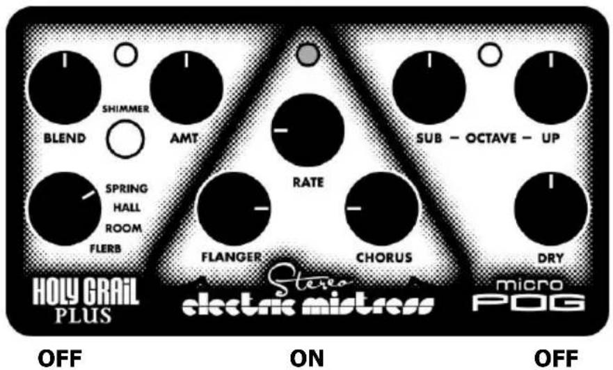 SHIMMER BLEND AMT SUB - OCTAVE - UP SPRING HALL ROOM FLERB RATE FLANGER CHORUS DRY HOLY GRAIL PLUS Stere electric mistress micro POG OFF ON OFF