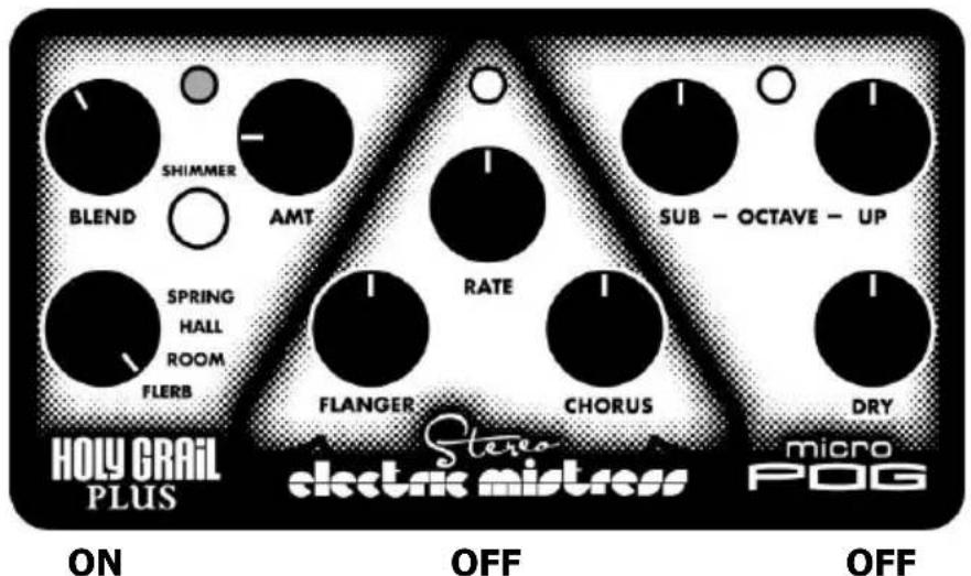 SHIMMER BLEND AMT SPRING HALL ROOM FLERB RATE FLANGER CHORUS SUB - OCTAVE - UP ON OFF micro POG Stere electric mistress DRY ON OFF OFF