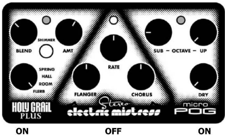 SHIMMER BLEND AMT SPRING HALL ROOM FLERB RATE FLANGER CHORUS DRY SUB - OCTAVE - UP ON OFF micro POG HOLY GRAIL PLUS electric mistress Stereo ON micro POG