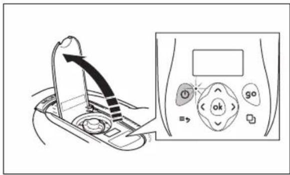 Diagram showing a device with an arrow indicating direction and a control panel with buttons labeled 'go' and 'ok'.