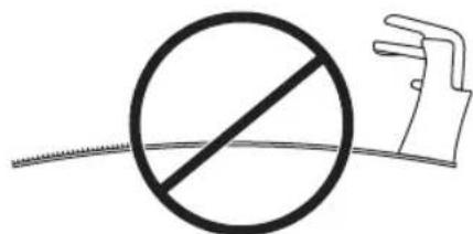 Safety warning symbol with crossed-out circle and hand gesture, indicating no hazard or caution