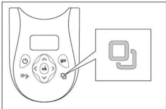Diagram of a mobile phone control panel with buttons and a highlighted icon, showing a cursor pointing to the next button.