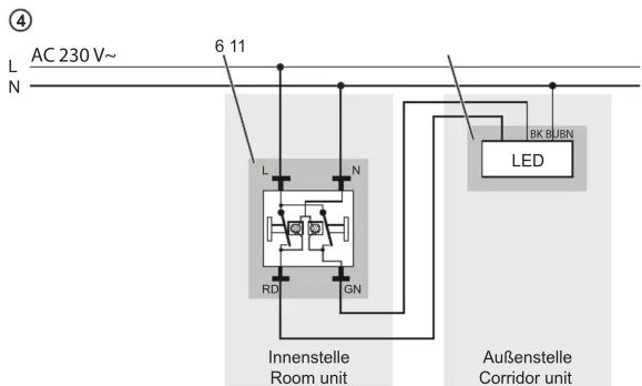 ④ L AC 230 V~ N 6 11 L N RD GN Innenstelle Room unit BK BJBN LED Außenstelle Corridor unit