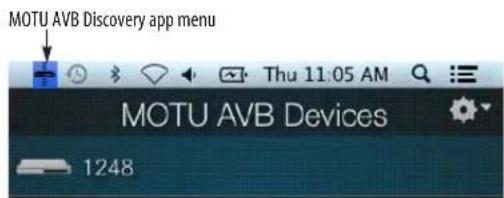 MOTU AVB Discovery app menu Thu 11:05 AM MOTU AVB Devices 1248