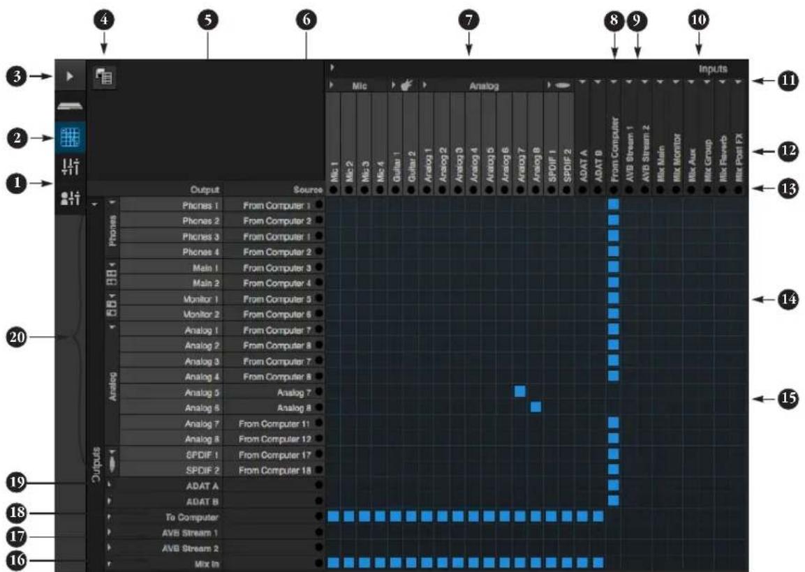 3 4 5 6 7 8 9 10 Inputs 2 1 Output Source Mlc Analog Mlc 1 Mlc 2 Mlc 3 Mlc 4 Guitar 1 Guitar 2 Arclog 1 Arclog 2 Arclog 3 Arclog 4 Arclog 5 Arclog 6 Arclog 7 Arclog 8 SPDIF 1 SPDIF 2 ADAT A ADAT B From Computer AVB Stream 1 AVB Stream 2 Mix Main Mix Monitor Mix Aux Mix Group Mix Flareb Mix Post FX 11 12 13 14 15 20 19 18 17 16 Phones 1 From Computer 1 Phones 2 From Computer 2 Phones 3 From Computer 1 Phones 4 From Computer 2 Main 1 From Computer 3 Main 2 From Computer 4 Monitor 1 From Computer 5 Monitor 2 From Computer 6 Analog 1 From Computer 7 Analog 2 From Computer 8 Analog 3 From Computer 7 Analog 4 From Computer 8 Analog 5 Analog 7 Analog 6 Analog 8 Analog 7 From Computer 11 Analog 8 From Computer 12 CPDIF 1 From Computer 17 SPDIF 2 From Computer 18 ADAT A ADAT B To Computer AVB Stream 1 AVB Stream 2 Mix In