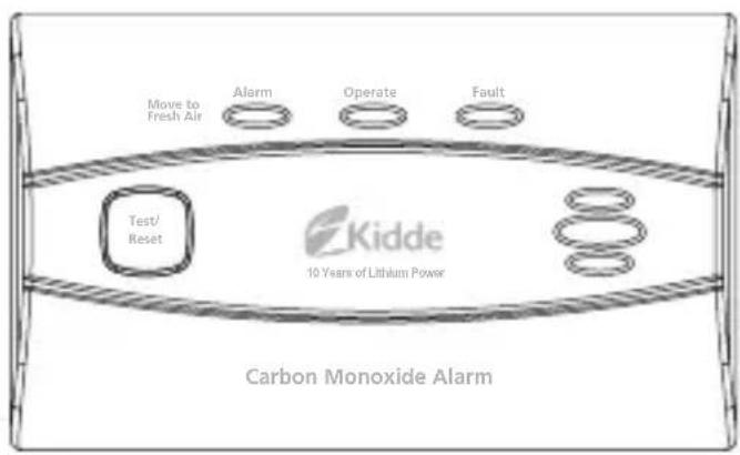 Move to Fresh Air Alarm Operate Fault Test/ Reset Kidde 10 Years of Lithium Power Carbon Monoxide Alarm