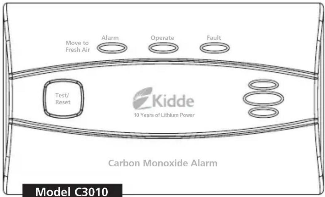 Move to Fresh Air Alarm Operate Fault Test/Reset Kidde 10 Years of Lithium Power Carbon Monoxide Alarm Model C3010