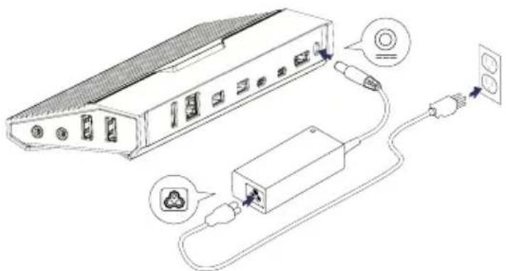 Diagram showing cable connections between a device and a plug, with labeled components including power outlet, socket, and warning symbol.