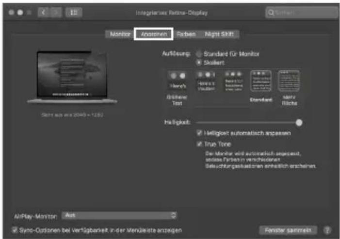 Integlasses Fronts-Display Monitor Anpassen Farben Night Shift AuViseung: Standard für Monitor Skulliert Here's Größe Test Standard Nicht Flüche Haigkeit: Helligkeit automatisch anpassen True Tone Die Monter wird automatisch angepasst, andass Farben in verschiedenen Beteuchtungssteuerer anheitlich erscheinen. AirPlay-Monitor Aus Sync-Options bei Veräußerheit in der Mendeistte anzeigen Fenster sammeln