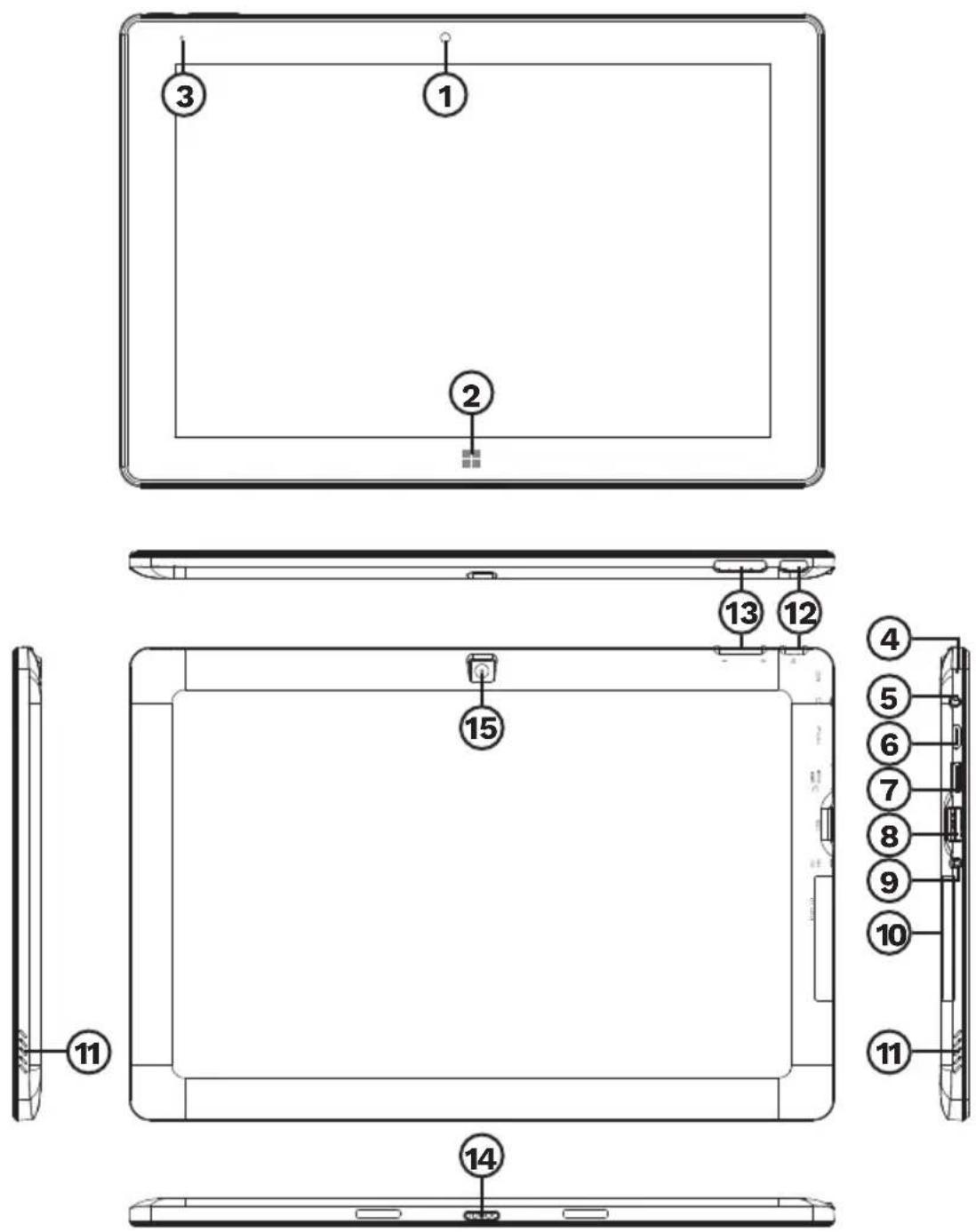 Technical diagram of a tablet device with numbered components for identification and assembly reference.