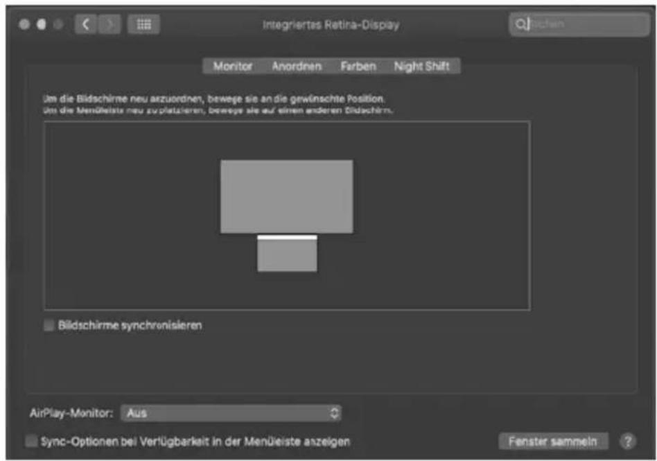 Integriertes Retina-Display Monitor Anordnen Farben Night Shift Um die Bildschirme neu anzuordnen, bewege sie an die gewünschte Position. Um die Mensüelste neu zu platazieren, bewege sie auf einem anderen Bildschirm. Bildschirme synchronisieren AirPlay-Monitor: Aus Sync-Optionen bei Verfügbarkelt in der Menüelste anzeigen Fenster sammeln