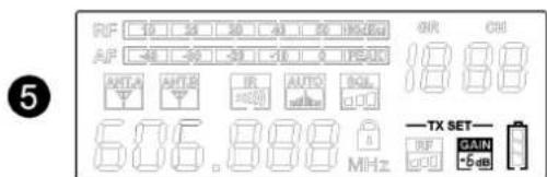 RF 10 24 30 40 50 60 AF 48 50 50 60 70 80 AHTA AHTB IR AUTO BQL 606.888 MHz OR OR 18.88 —TX SET— REF GAIN +5dB