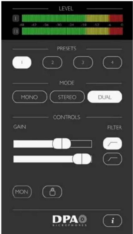 LEVEL -68 -42 -36 -30 -24 -18 -12 -6 0 I II PRESETS 1 2 3 4 MODE MONO STEREO DUAL CONTROLS GAIN FILTER MON i DPA® MICROPHONES