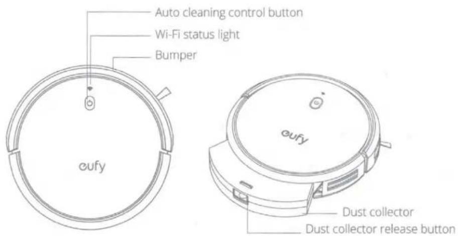 Auto cleaning control button Wi-Fi status light Bumper eufy eufy Dust collector Dust collector release button